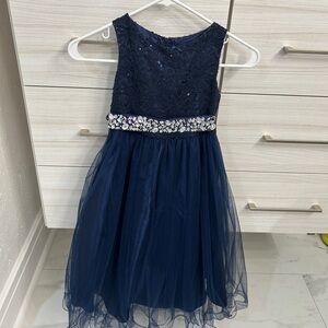 Charming Navy Blue Kids Dress with Lace and Sparkle